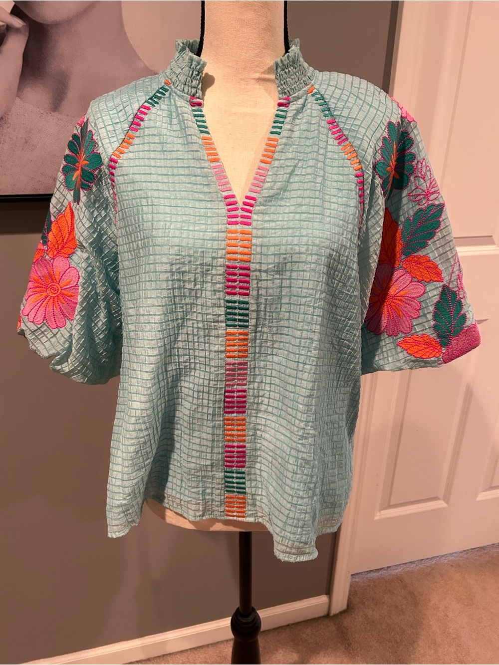 THML Aqua Embroidered Floral Tunic Top